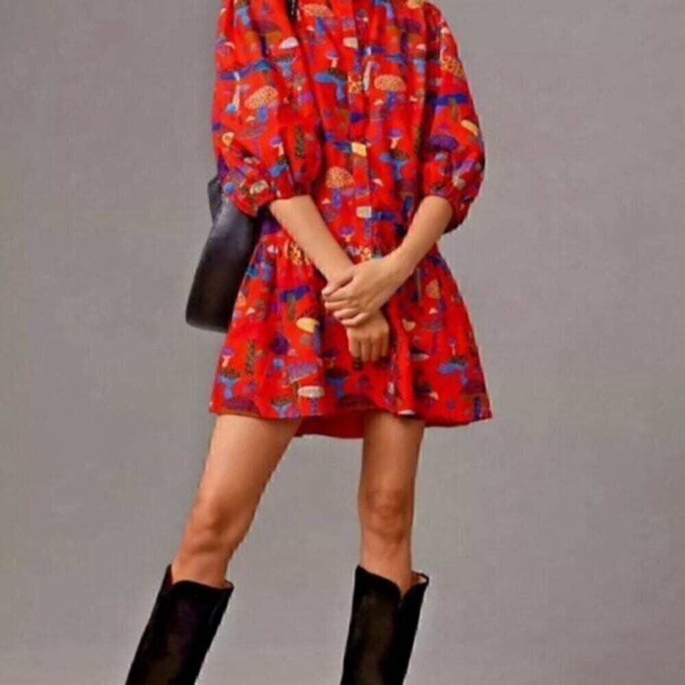 Red Animal Print Mushroom  Lantern Sleeve Mini Dress S - Picture 11 of 12
